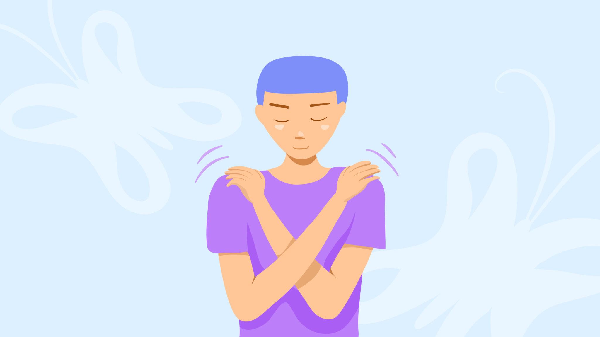 butterfly hug. a psychology technique for self soothing from anxiety and anger. a man cross his arms and tap his shoulder. it’s ok to not be ok. vector illustration. flat design